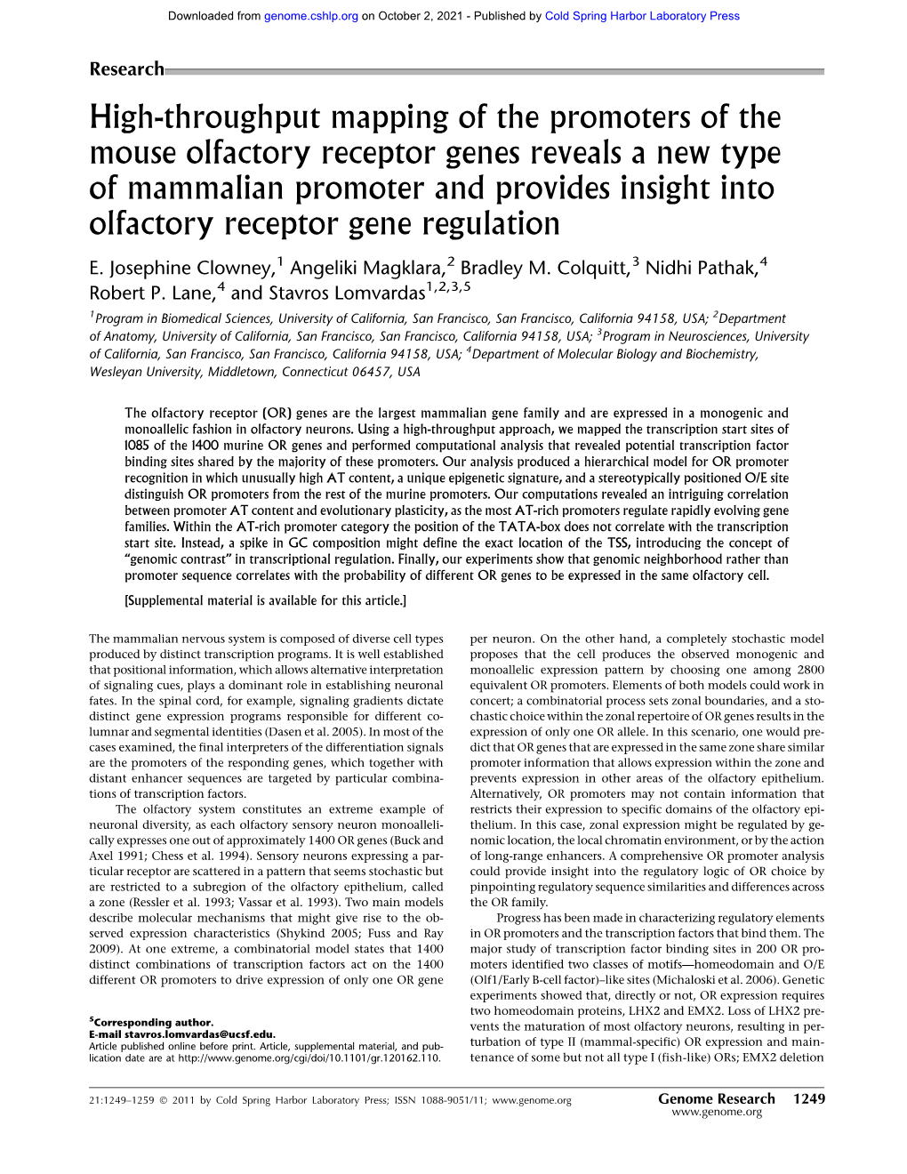 High-Throughput Mapping of the Promoters of the Mouse Olfactory