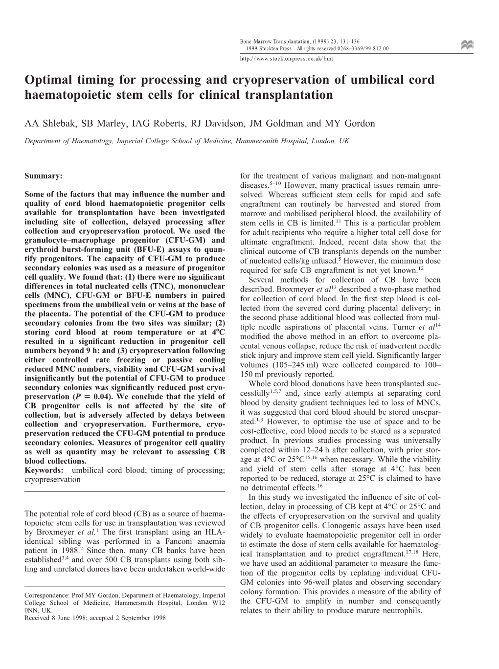 Optimal Timing for Processing and Cryopreservation of Umbilical Cord Haematopoietic Stem Cells for Clinical Transplantation