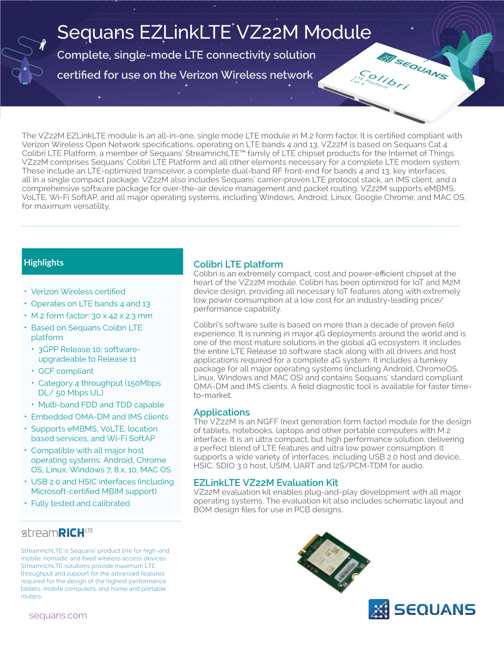 Sequans Ezlinklte VZ22M Module Complete, Single-Mode LTE Connectivity Solution Certified for Use on the Verizon Wireless Network