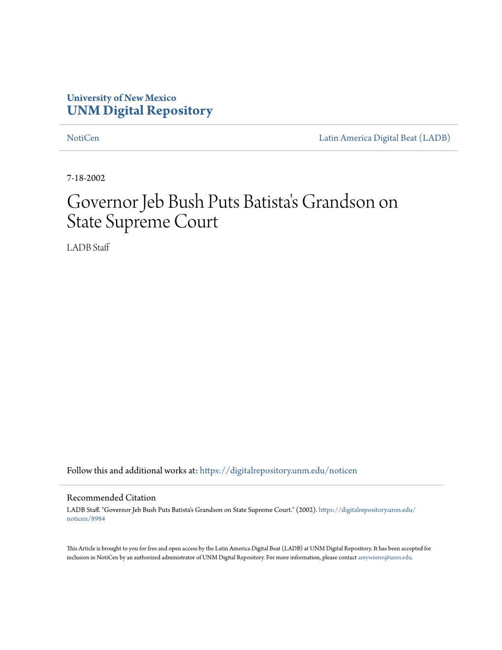 Governor Jeb Bush Puts Batista's Grandson on State Supreme Court LADB Staff