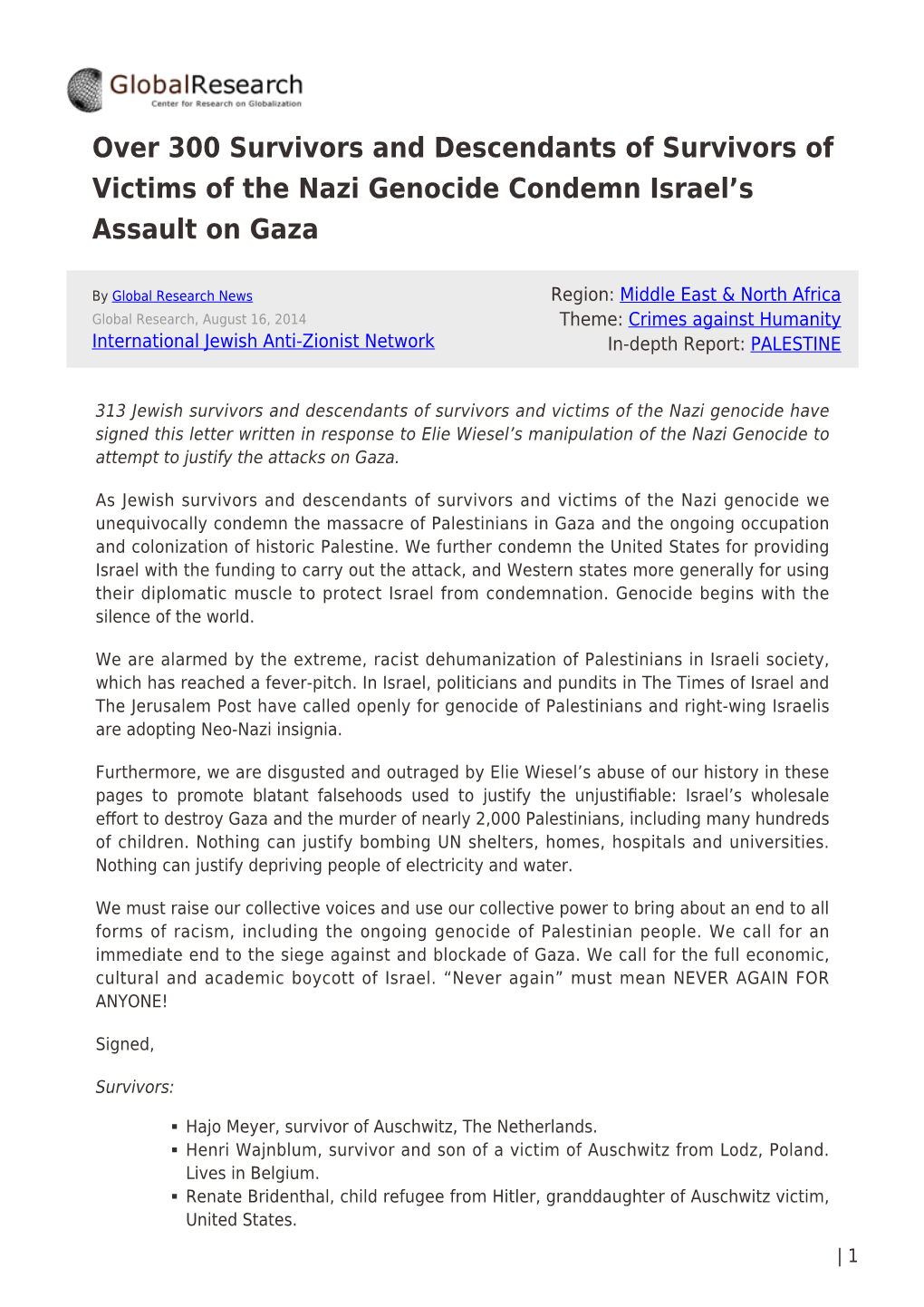 Over 300 Survivors and Descendants of Survivors of Victims of the Nazi Genocide Condemn Israel’S Assault on Gaza