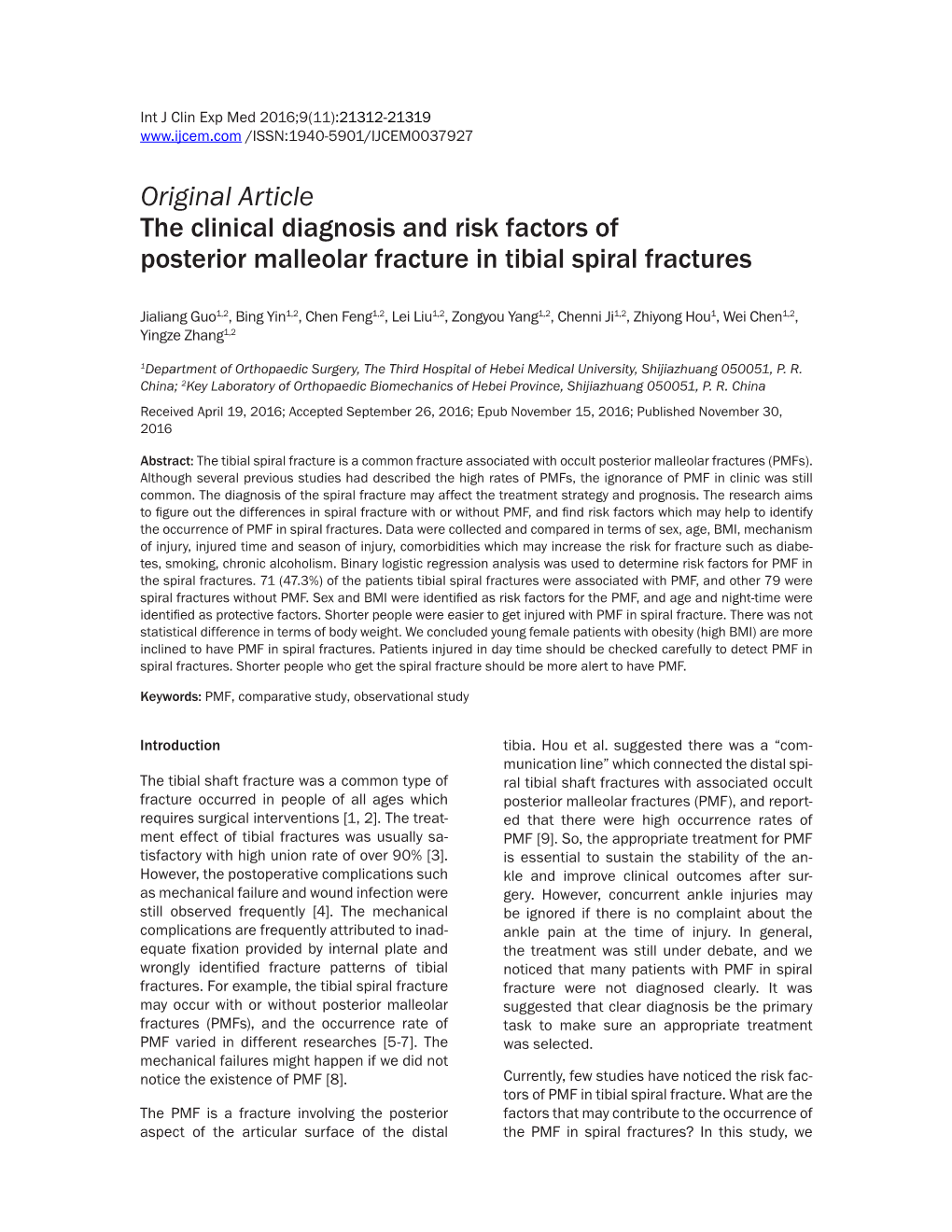 Original Article the Clinical Diagnosis and Risk Factors of Posterior Malleolar Fracture in Tibial Spiral Fractures