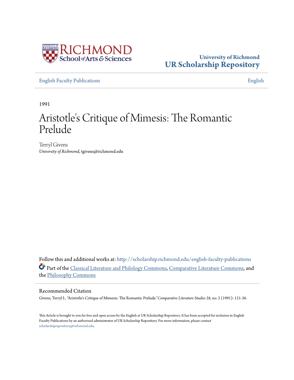 Aristotle's Critique of Mimesis: the Romantic Prelude Terryl Givens University of Richmond, Tgivens@Richmond.Edu