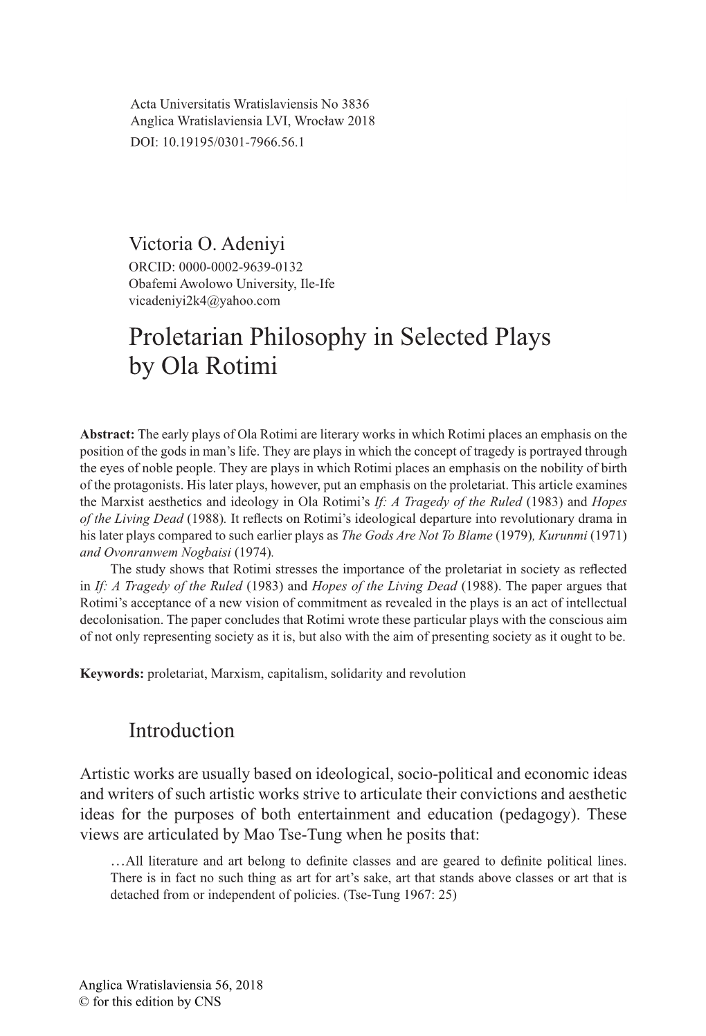 Proletarian Philosophy in Selected Plays by Ola Rotimi