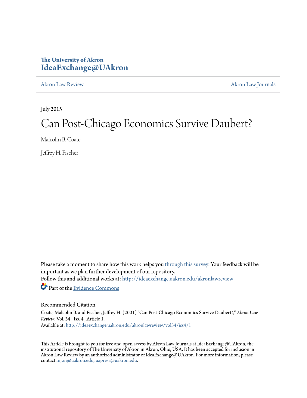 Can Post-Chicago Economics Survive Daubert? Malcolm B