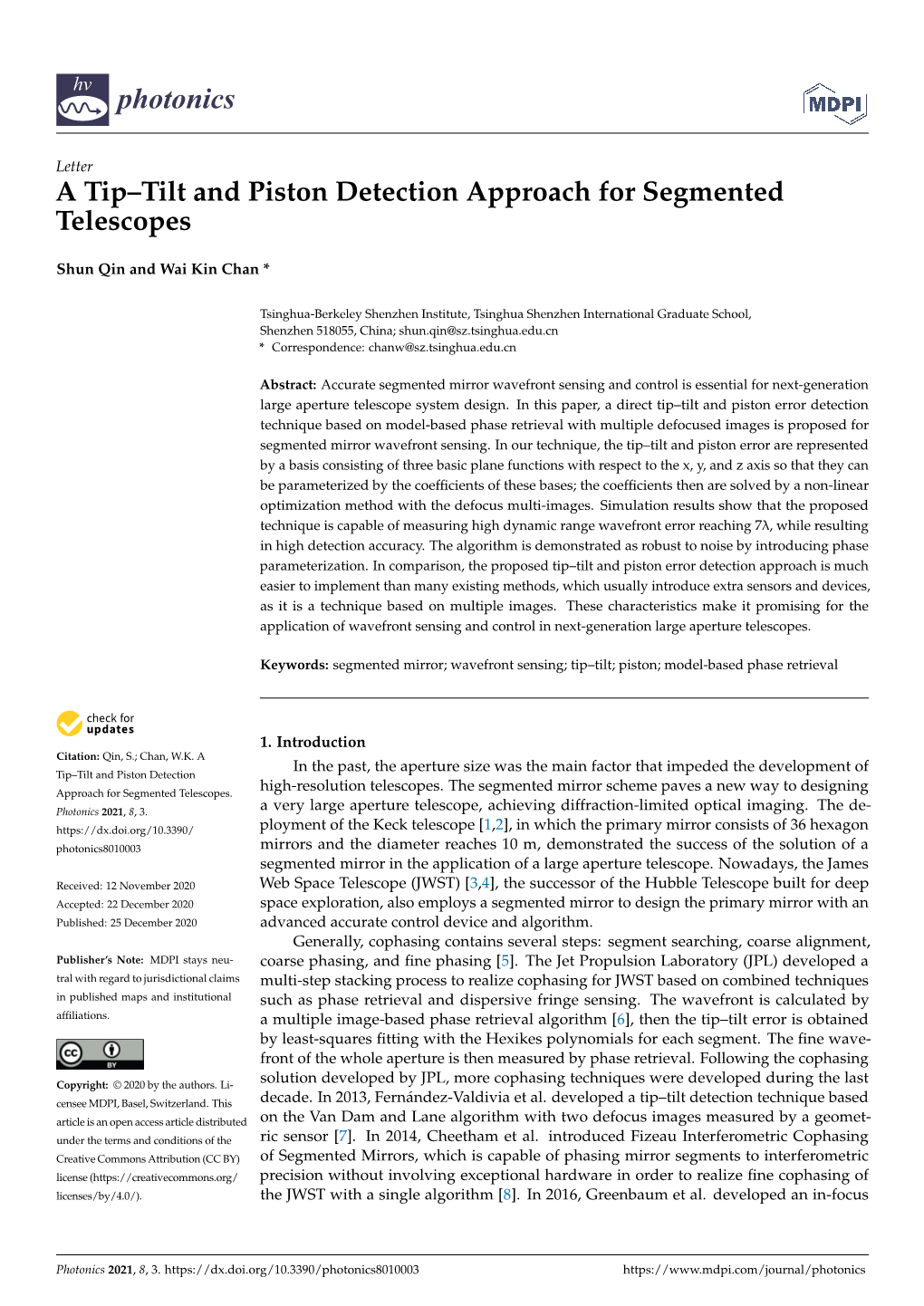 A Tip–Tilt and Piston Detection Approach for Segmented Telescopes