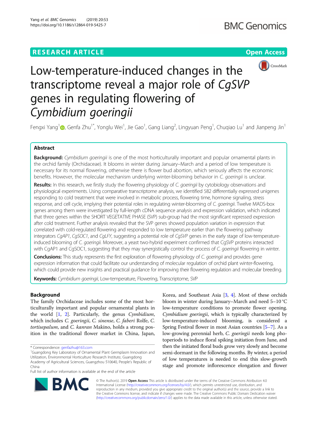 Low-Temperature-Induced Changes in the Transcriptome Reveal a Major Role of Cgsvp Genes in Regulating Flowering of Cymbidium