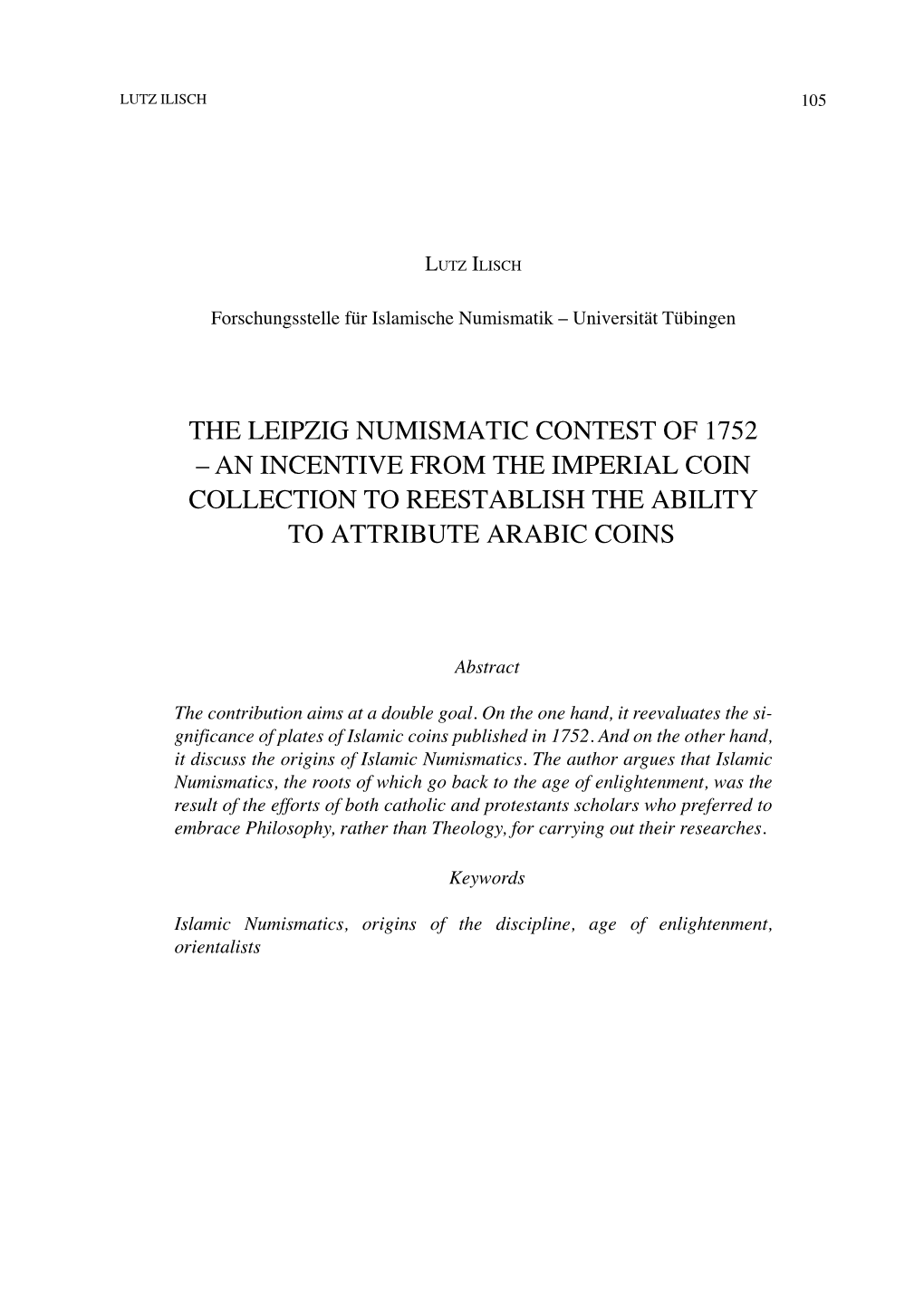 The Leipzig Numismatic Contest of 1752 – an Incentive from the Imperial Coin Collection to Reestablish the Ability to Attribute Arabic Coins