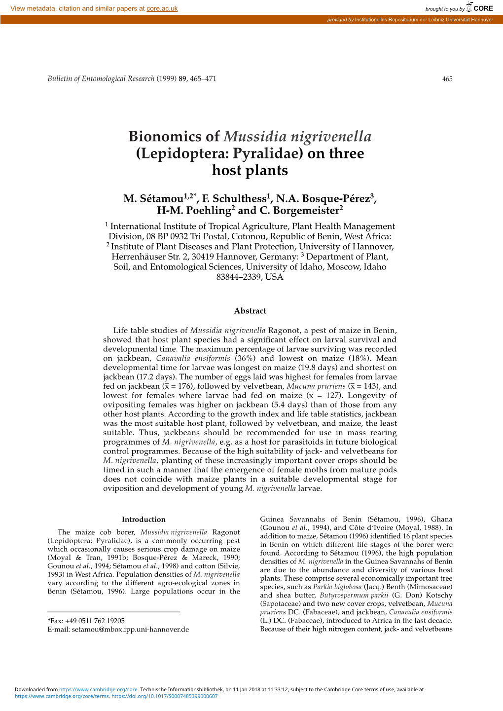 Bionomics of Mussidia Nigrivenella (Lepidoptera: Pyralidae) on Three Host Plants