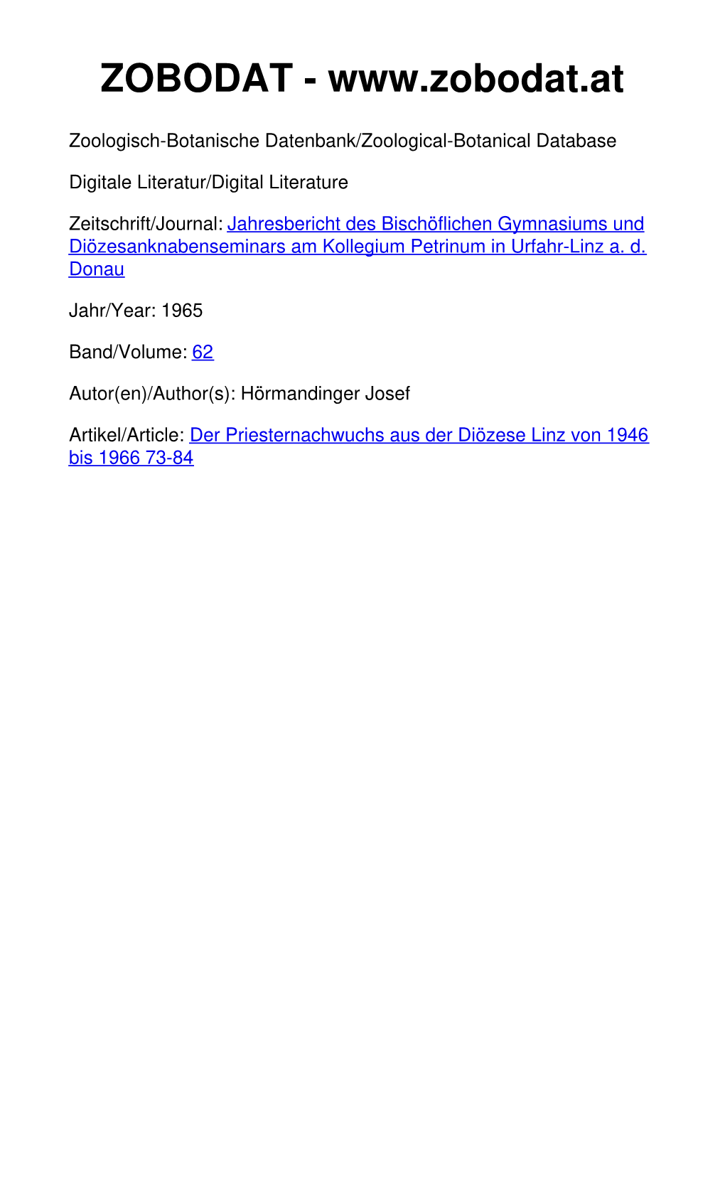 Der Priesternachwuchs Aus Der Diözese Linz Von 1946 Bis 1966 73-84 Der Priesternachwuchs Aus Der Diözese Linz Von 1946 Bis 1966 (Ein Bericht Von Dr