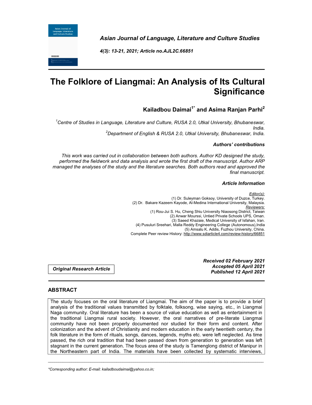 The Folklore of Liangmai: an Analysis of Its Cultural Significance