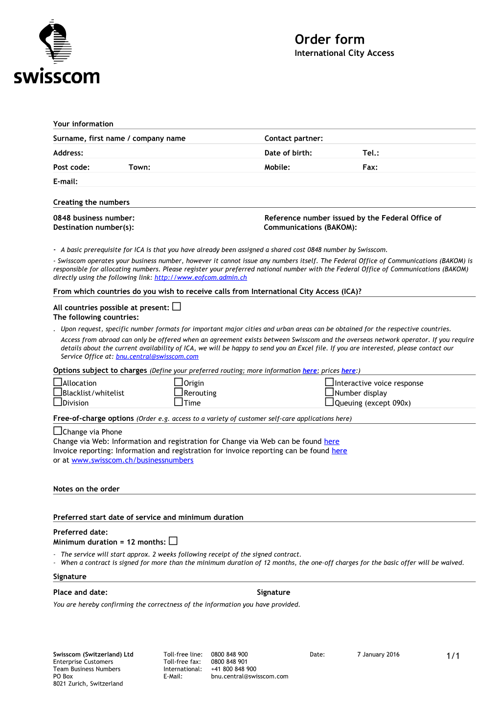 Order Form International City Access