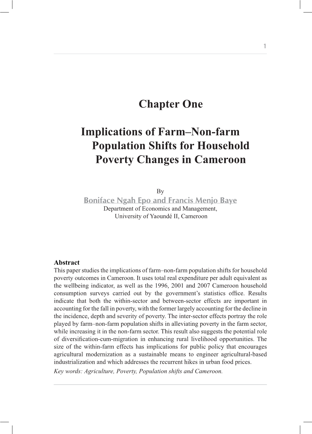 Chapter One Implications of Farm–Non-Farm Population Shifts for Household Poverty Changes in Cameroon