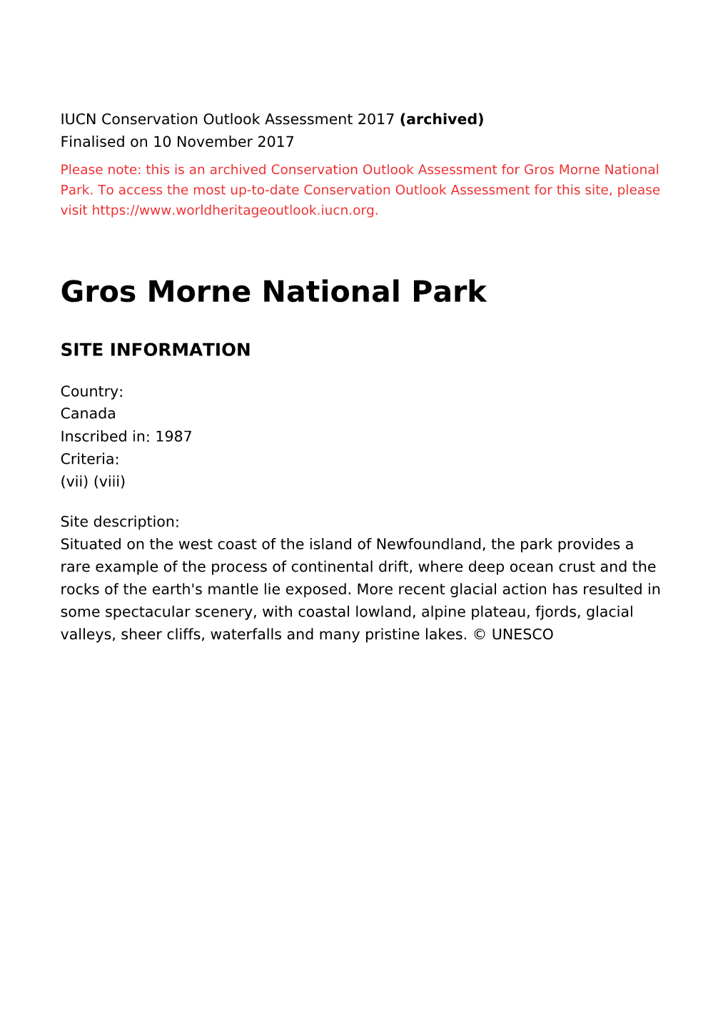 Gros Morne National Park - 2017 Conservation Outlook Assessment (Archived)