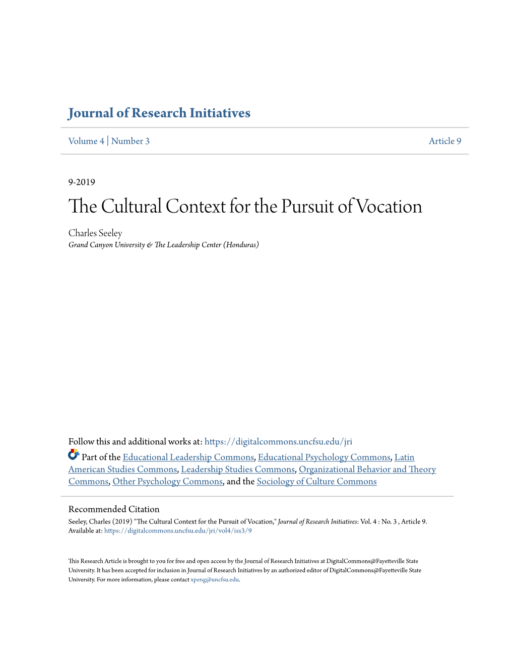 The Cultural Context for the Pursuit of Vocation