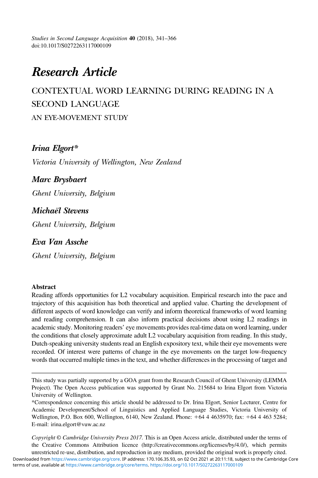 Research Article CONTEXTUAL WORD LEARNING DURING READING in a SECOND LANGUAGE an EYE-MOVEMENT STUDY