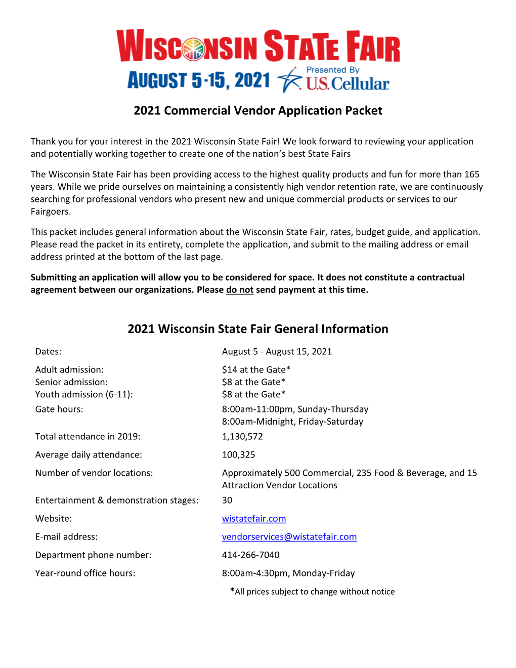 2021 Commercial Vendor Application Packet 2021 Wisconsin State Fair