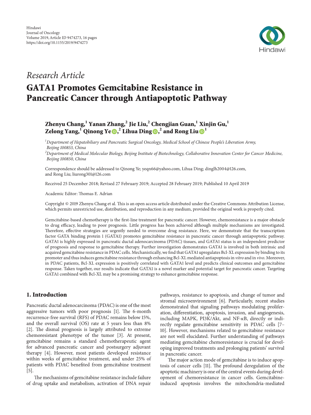 Research Article GATA1 Promotes Gemcitabine Resistance in Pancreatic Cancer Through Antiapoptotic Pathway