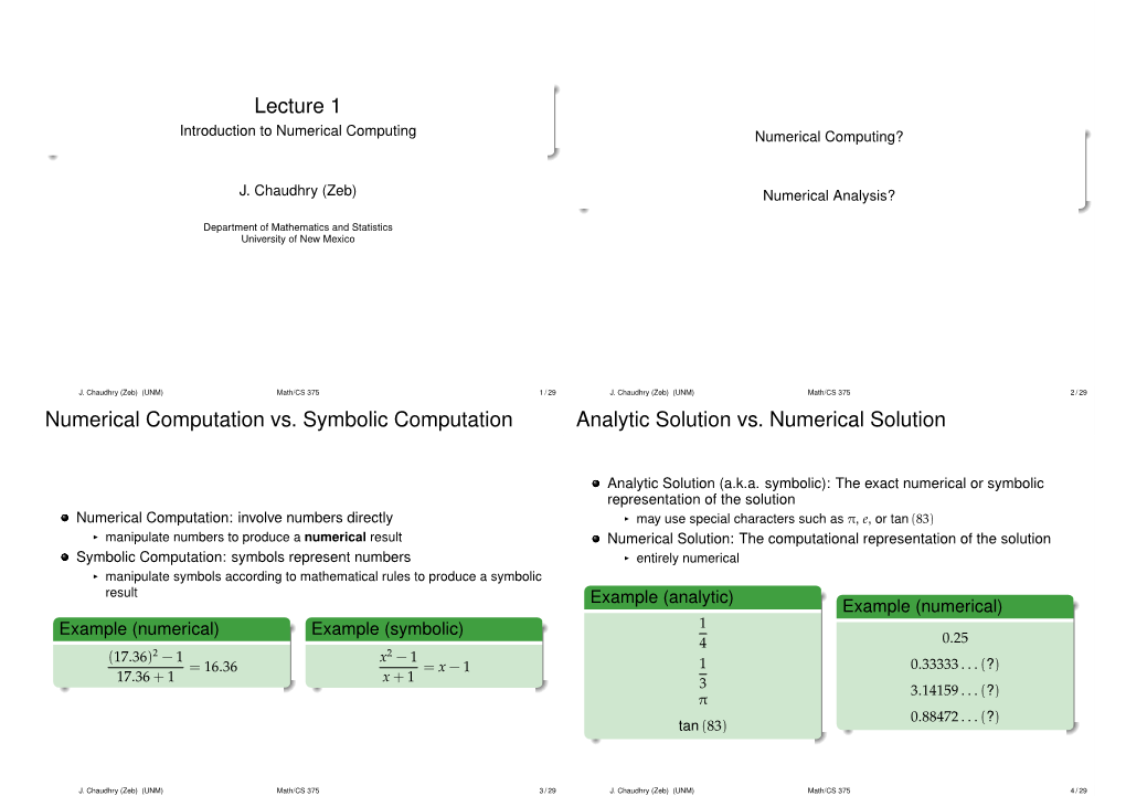 Lecture 1 Numerical Computation Vs. Symbolic Computation Analytic