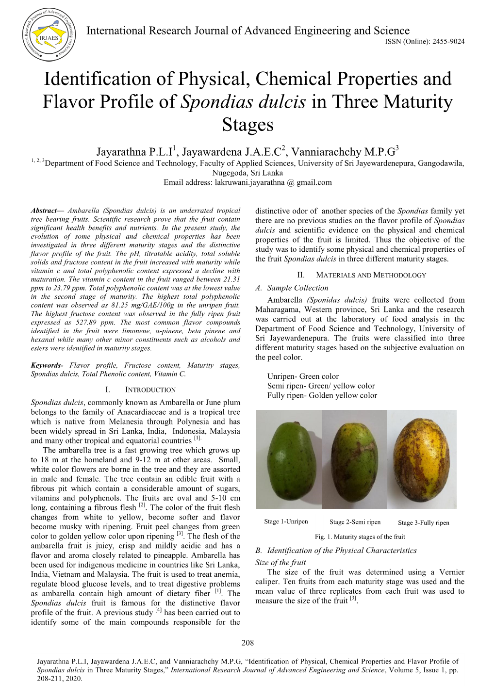 Identification of Physical, Chemical Properties and Flavor Profile of Spondias Dulcis in Three Maturity