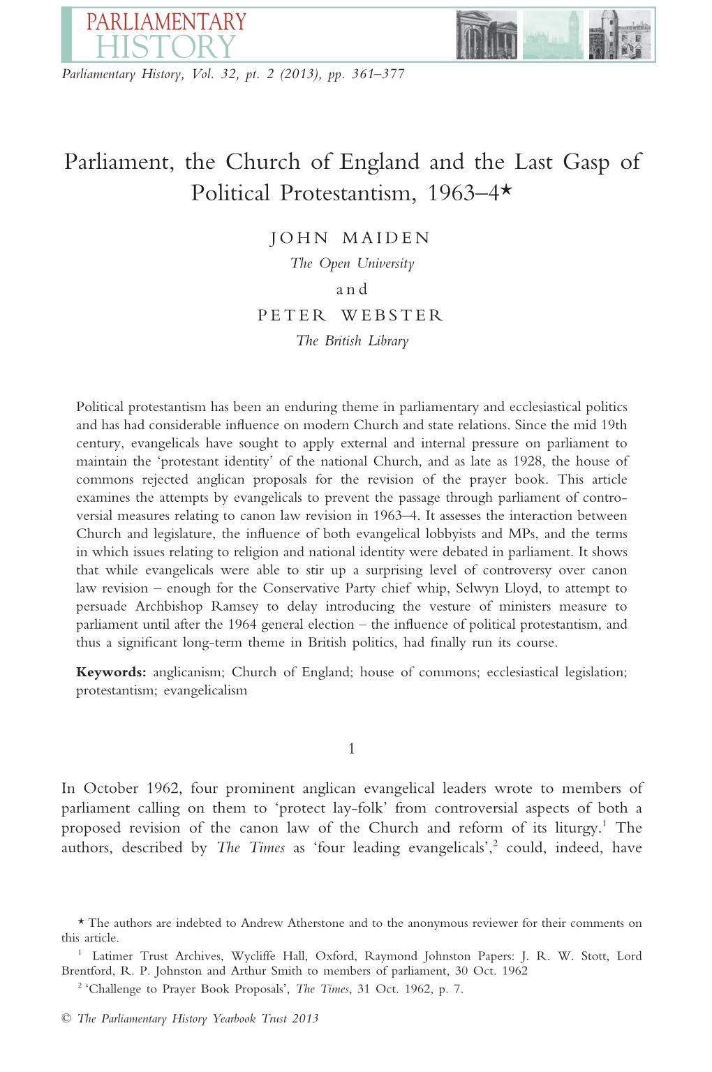 Parliament, the Church of England and the Last Gasp of Political Protestantism, 1963–4*