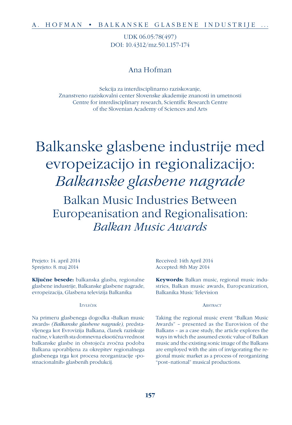 Balkanske Glasbene Nagrade Balkan Music Industries Between Europeanisation and Regionalisation: Balkan Music Awards