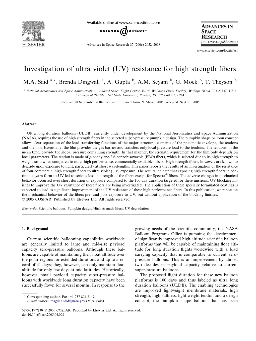 UV) Resistance for High Strength ﬁbers