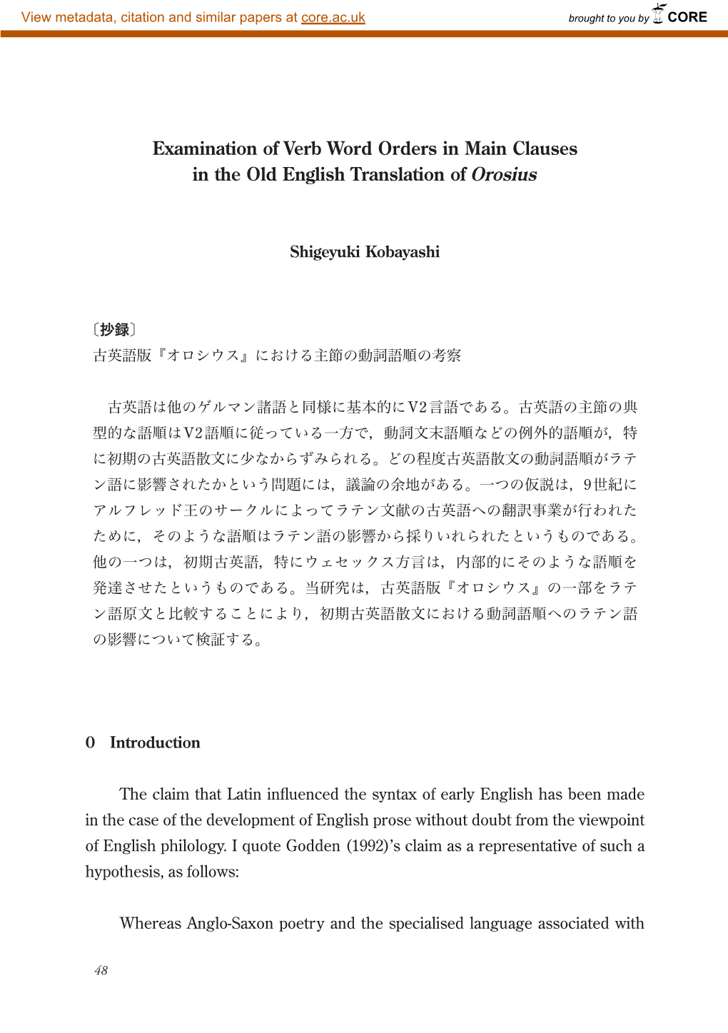 Examination of Verb Word Orders in Main Clauses in the Old English Translation of Orosius