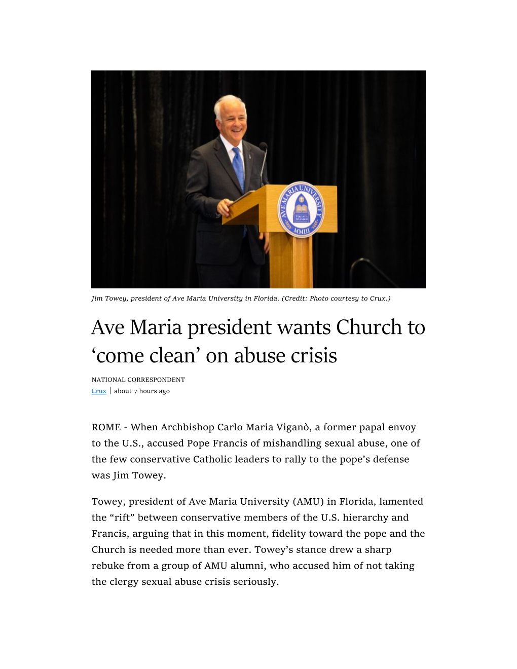 Ave Maria President Wants Church to 'Come Clean' on Abuse Crisis