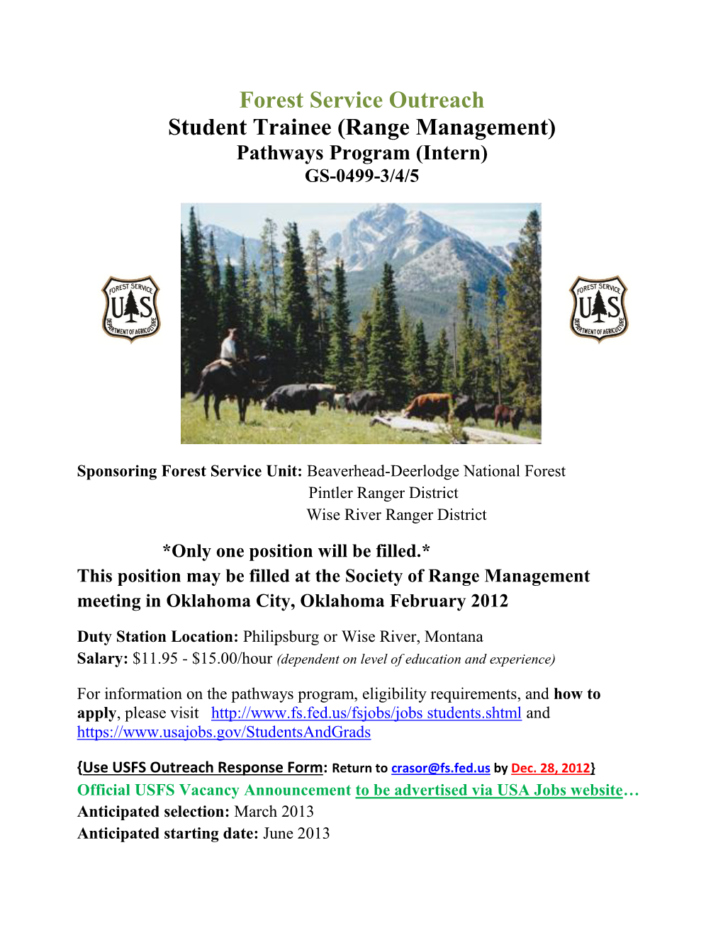 Forest Service Outreach Student Trainee (Range Management) Pathways Program (Intern) GS-0499-3/4/5