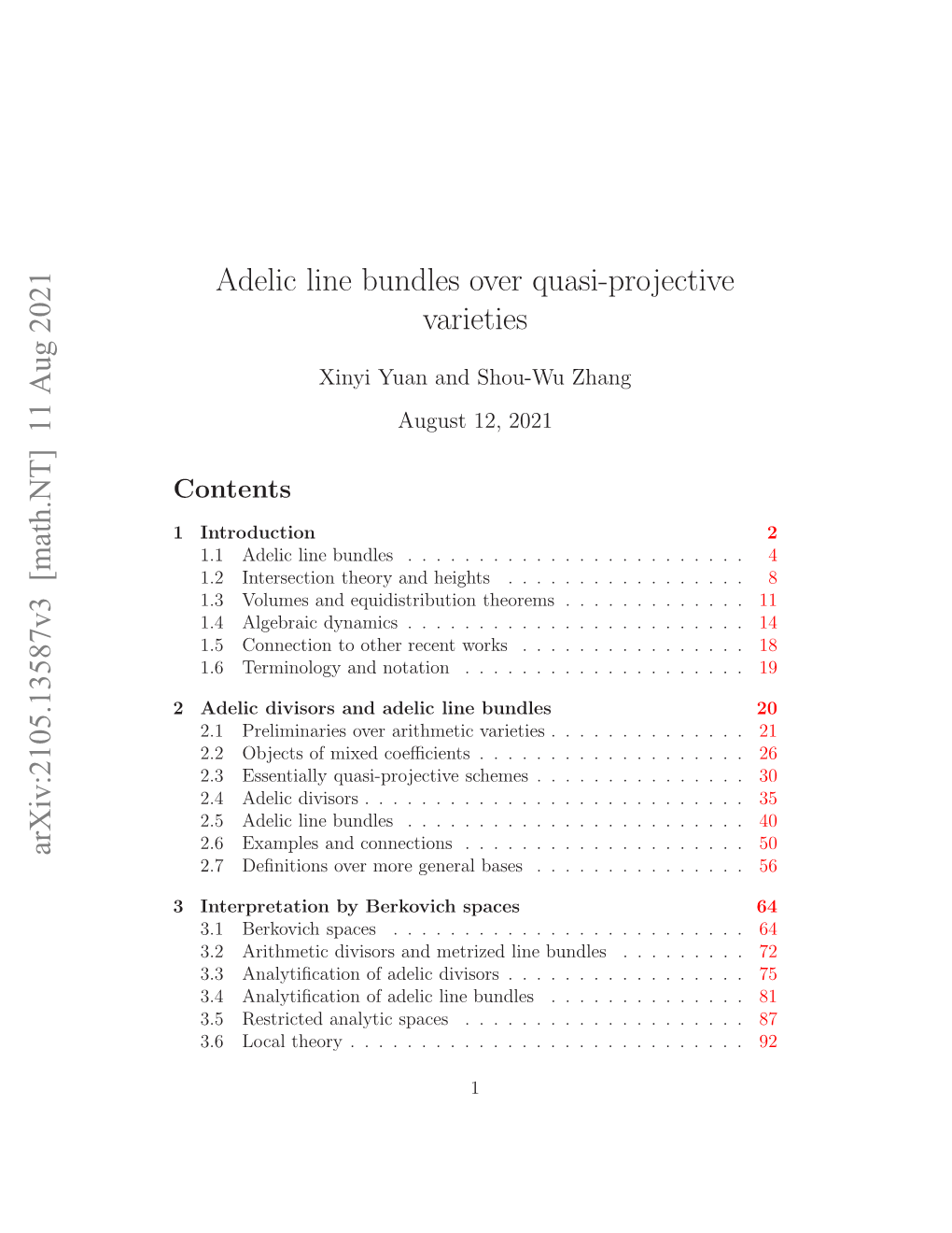 Arxiv:2105.13587V3 [Math.NT] 11 Aug 2021 Adelic Line Bundles Over Quasi-Projective Varieties