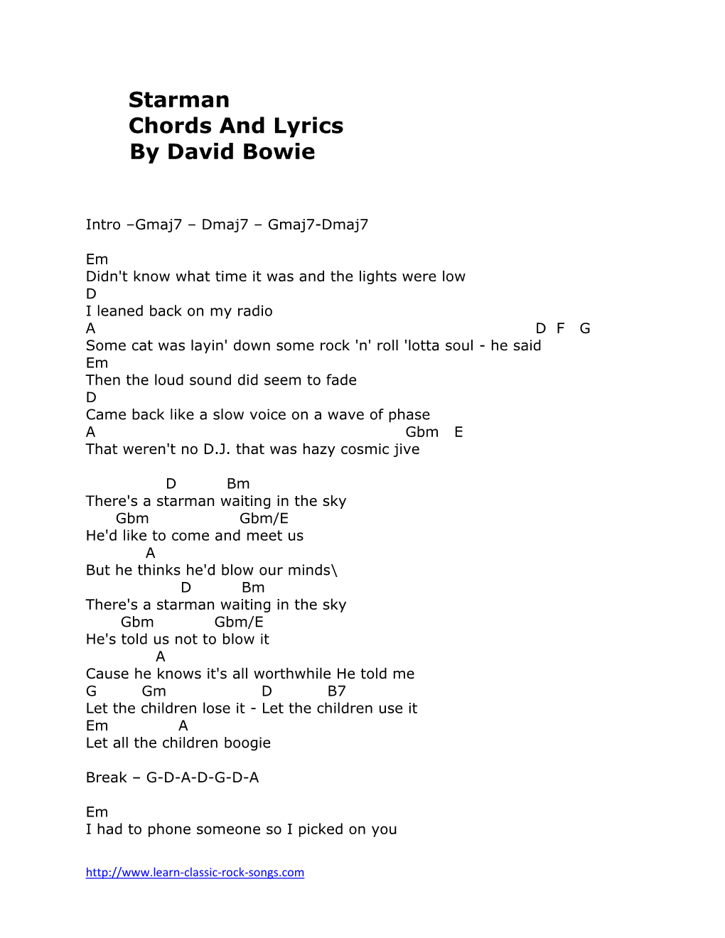 Starman Chords and Lyrics by David Bowie