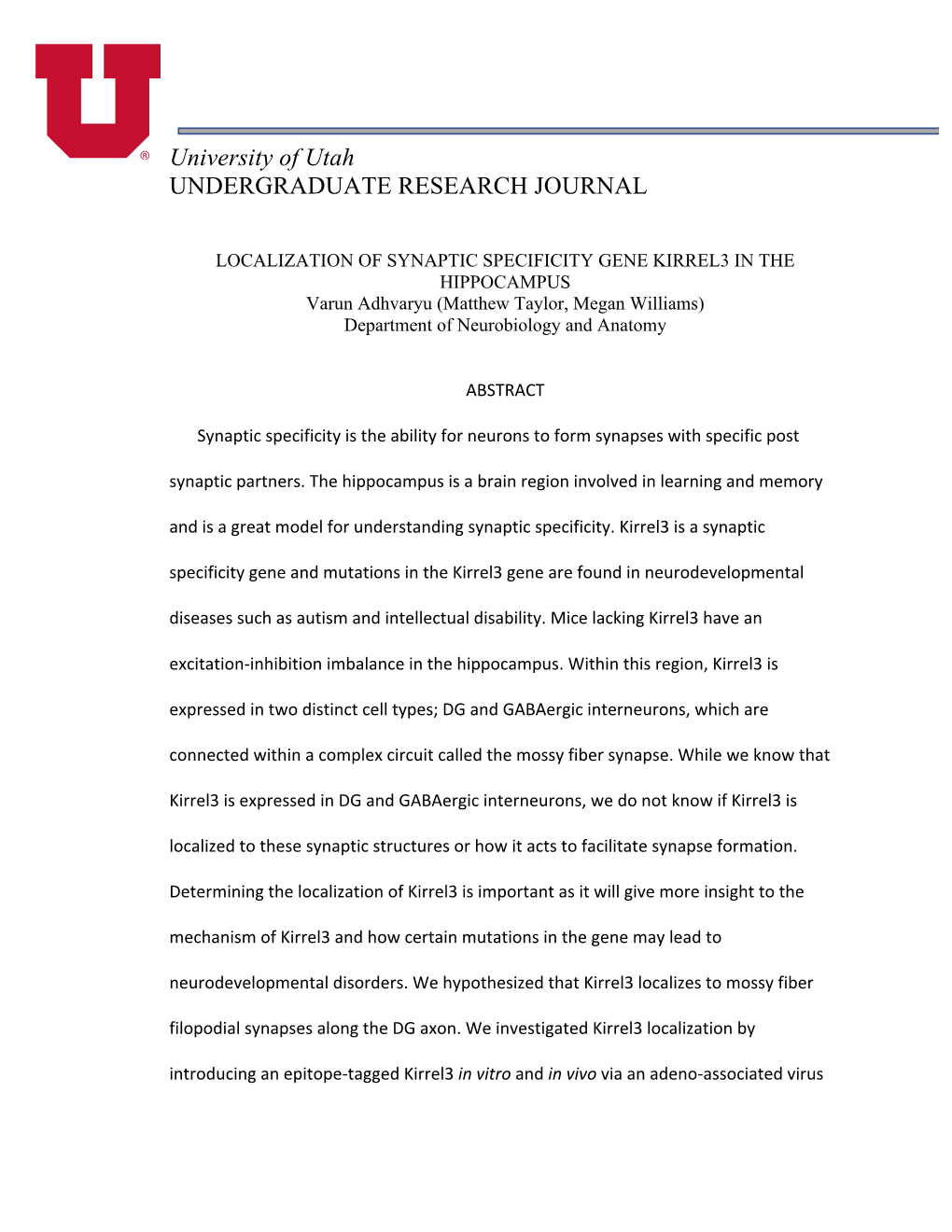 LOCALIZATION of SYNAPTIC SPECIFICITY GENE KIRREL3 in the HIPPOCAMPUS Varun Adhvaryu (Matthew Taylor, Megan Williams) Department of Neurobiology and Anatomy