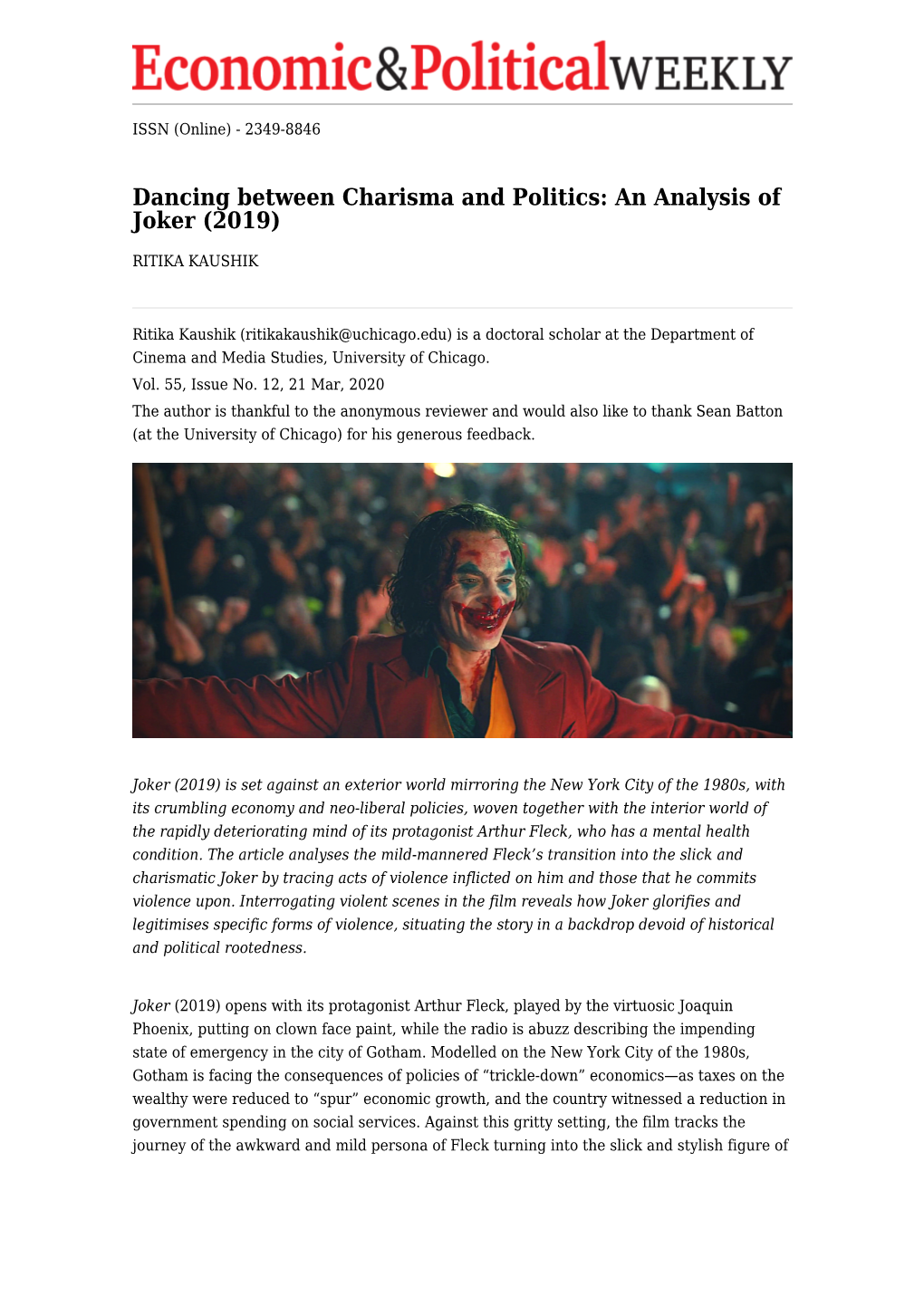 Dancing Between Charisma and Politics: an Analysis of Joker (2019)