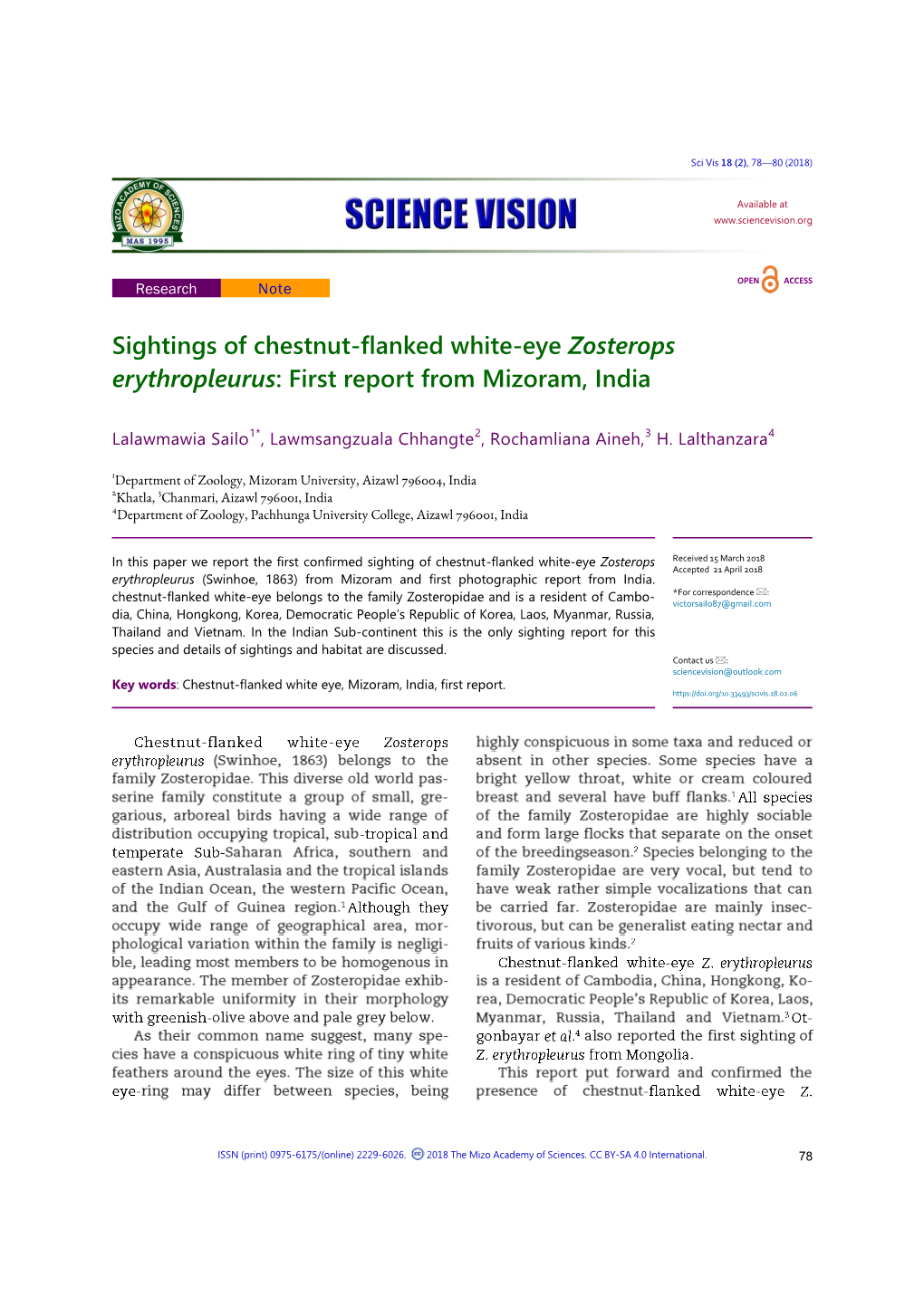 Sightings of Chestnut-Flanked White-Eye Zosterops Erythropleurus: First Report from Mizoram, India