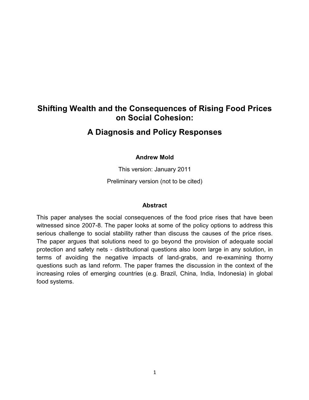 Shifting Wealth and the Consequences of Rising Food Prices on Social Cohesion: a Diagnosis and Policy Responses