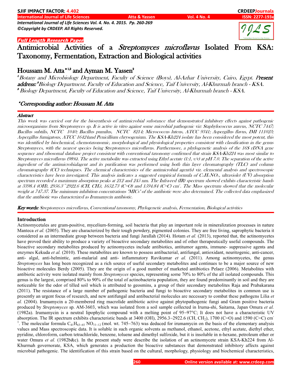 Streptomyces Microflavus Isolated from KSA: Taxonomy, Fermentation, Extraction and Biological Activities