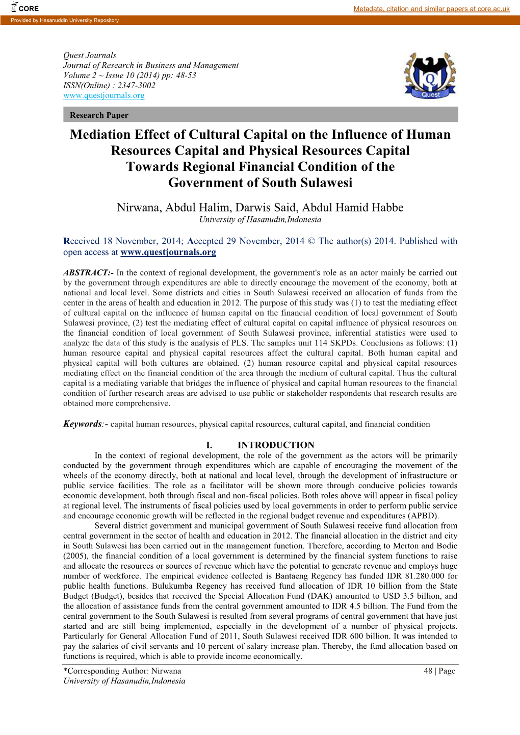 Mediation Effect of Cultural Capital on the Influence of Human Resources