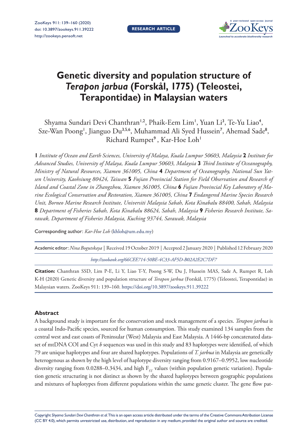 Genetic Diversity and Population Structure of Terapon Jarbua (Forskål, 1775) (Teleostei, Terapontidae) in Malaysian Waters