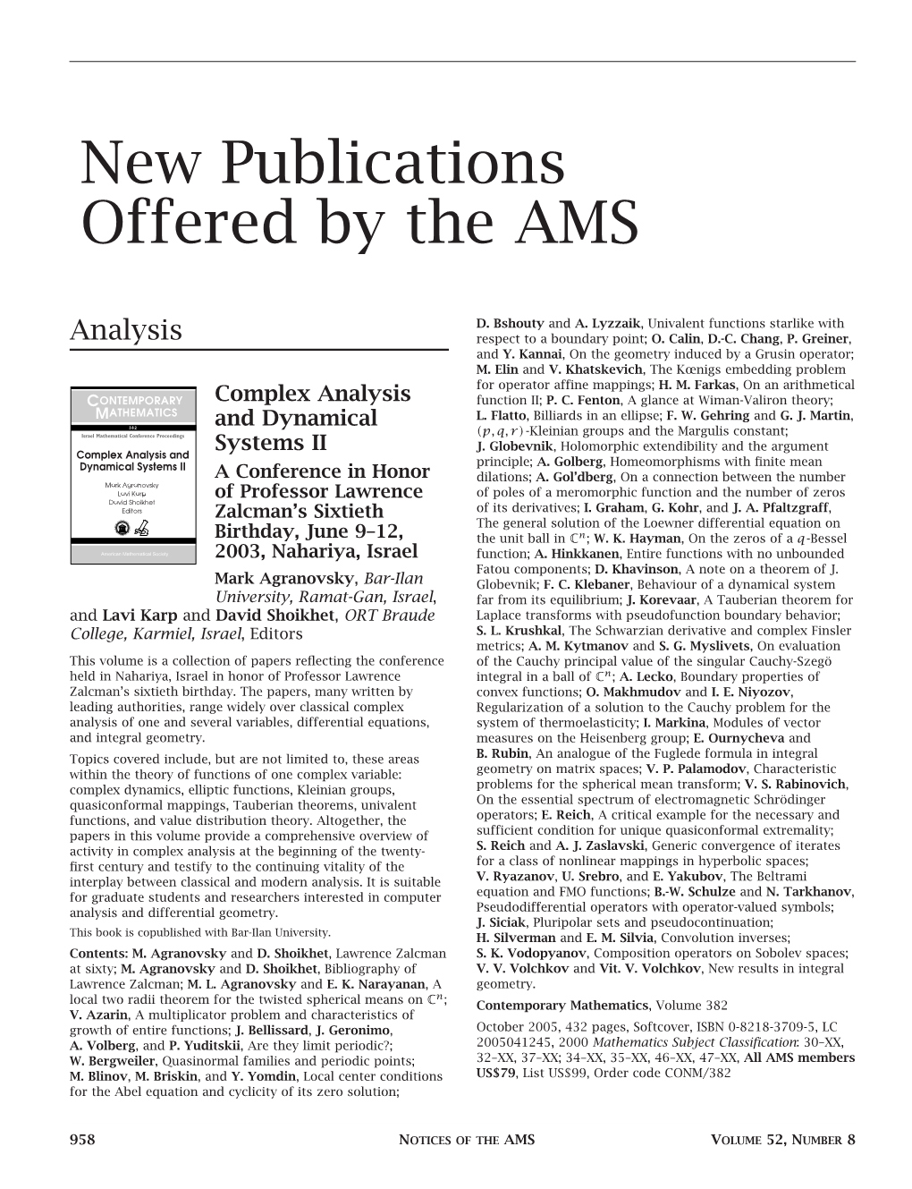 New Publications Offered by the AMS, Volume 52, Number 8