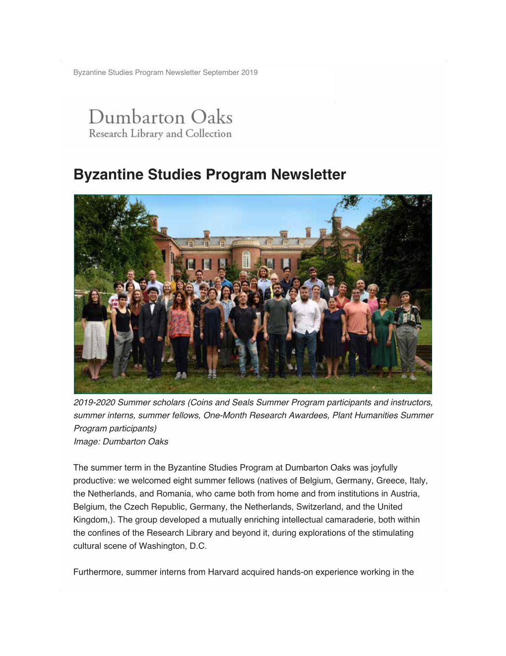 Byzantine Studies Program Newsletter September 2019