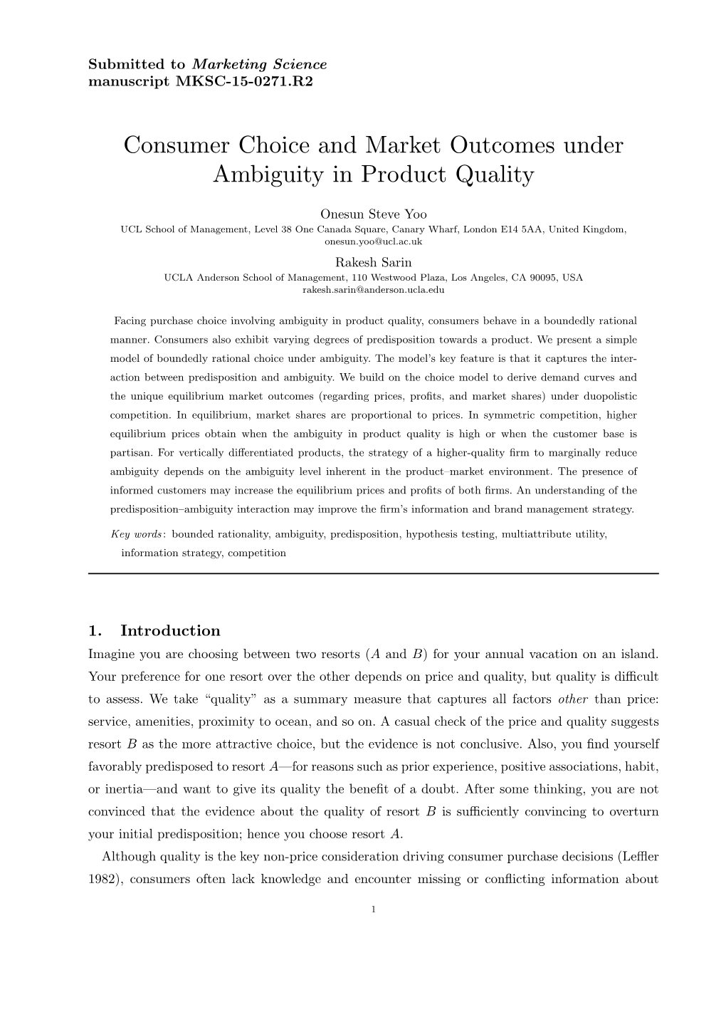 Consumer Choice and Market Outcomes Under Ambiguity in Product Quality