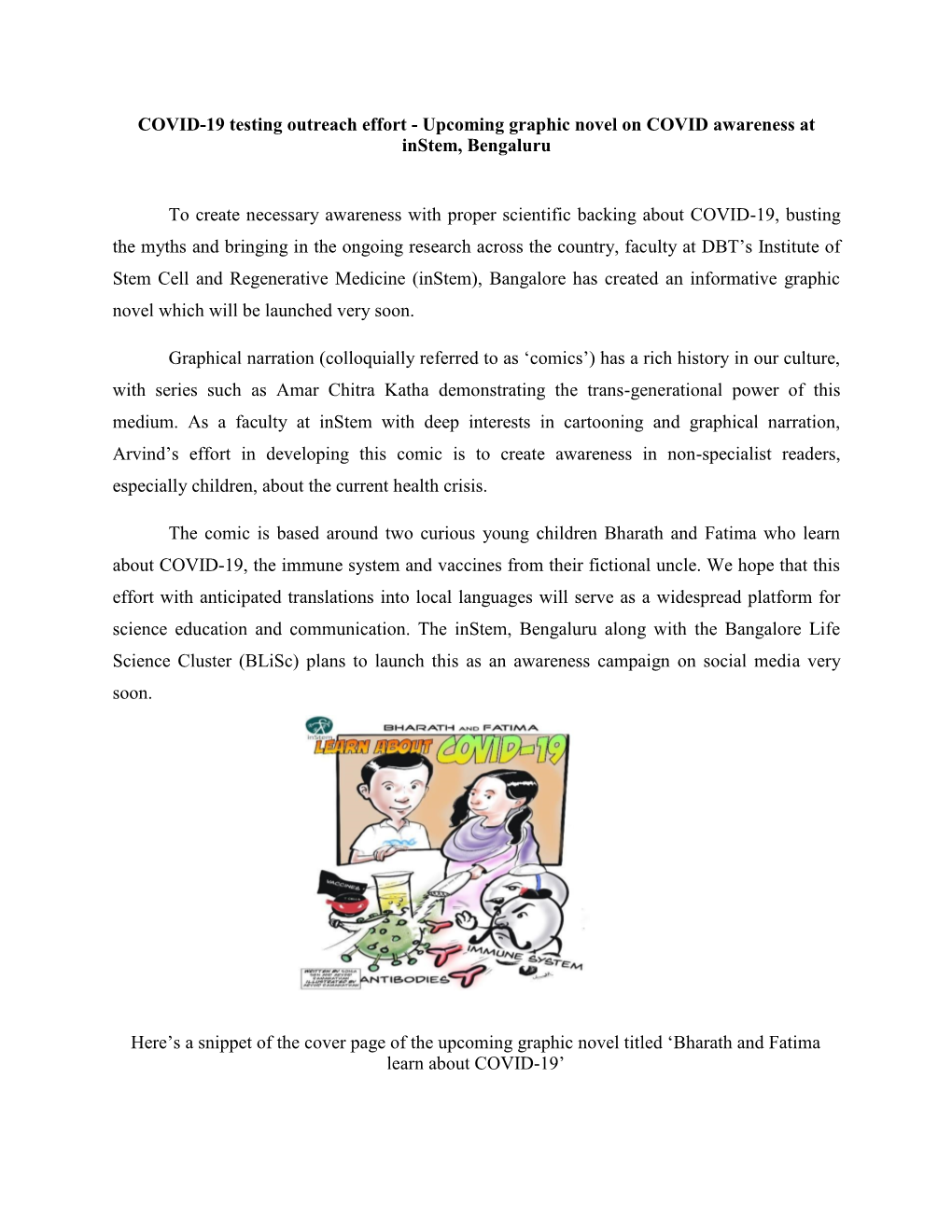 Upcoming Graphic Novel on COVID Awareness at Instem, Bengaluru To