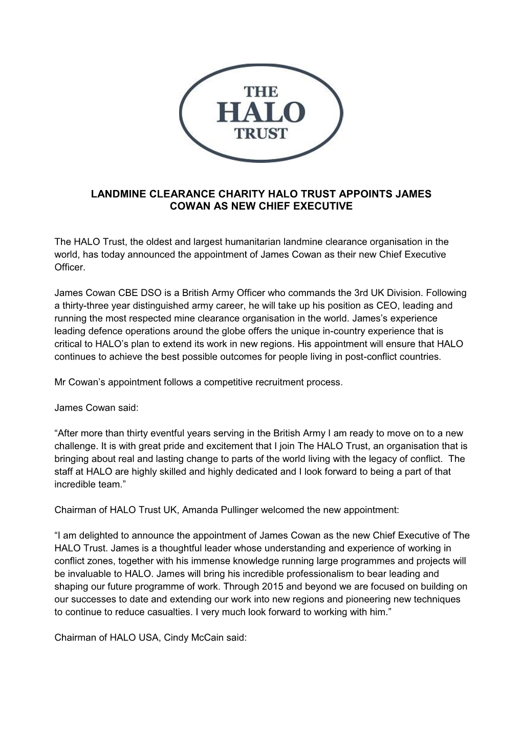 Landmine Clearance Charity Halo Trust Appoints James Cowan As New Chief Executive