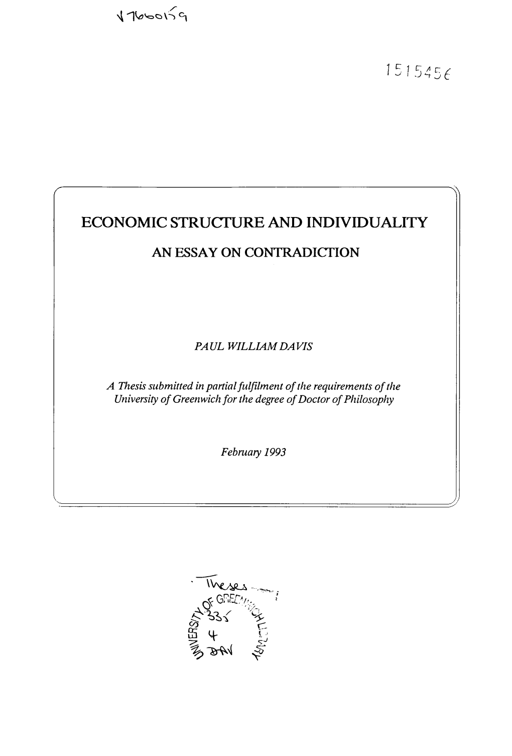 Economic Structure and Individuality an Essay