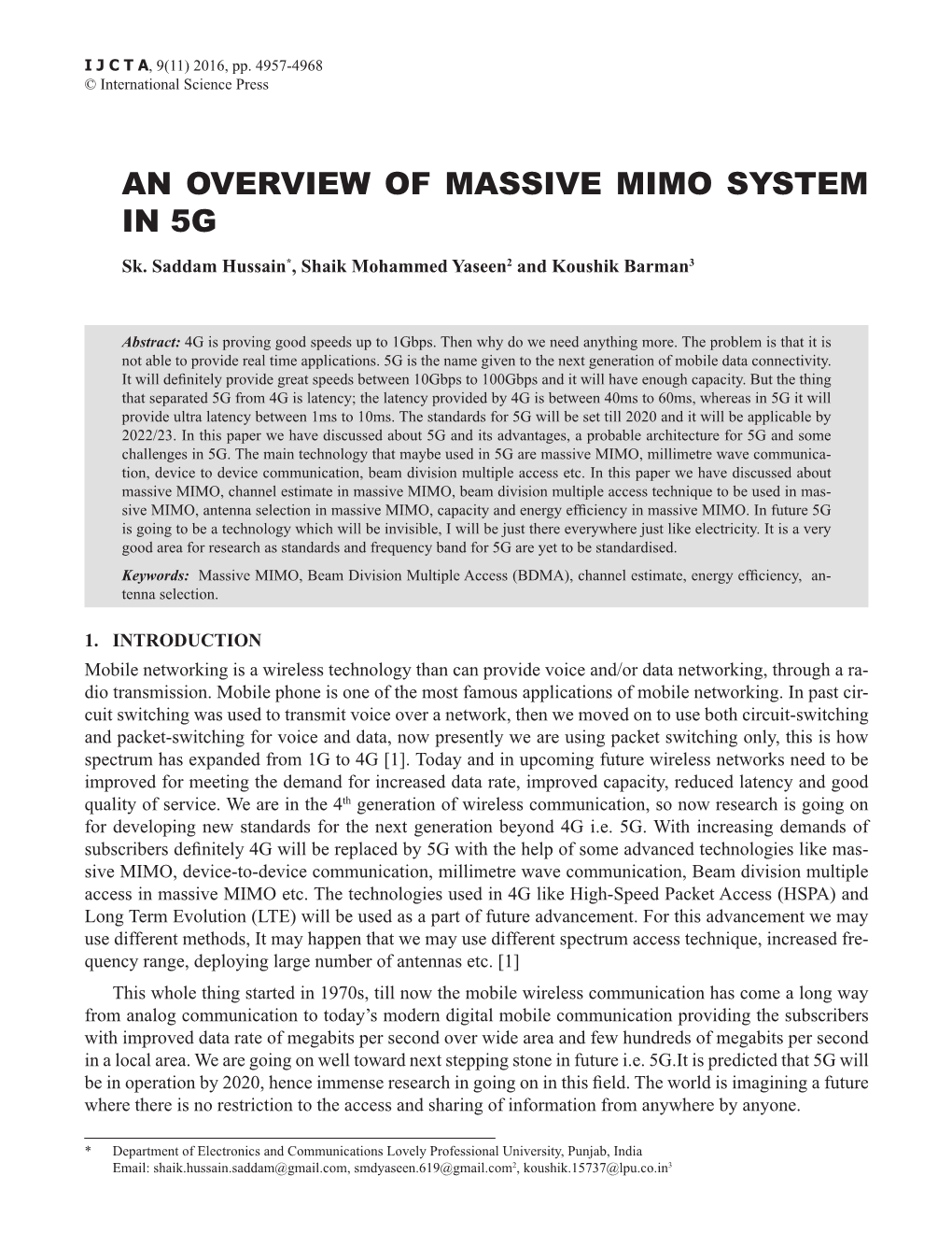 AN OVERVIEW of MASSIVE MIMO SYSTEM in 5G Sk