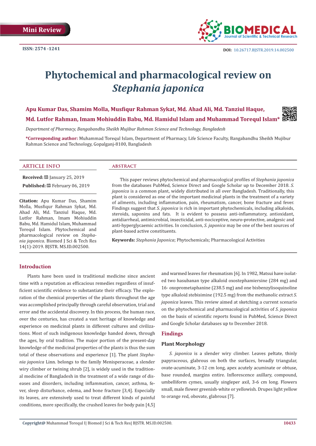 Phytochemical and Pharmacological Review on Stephania Japonica