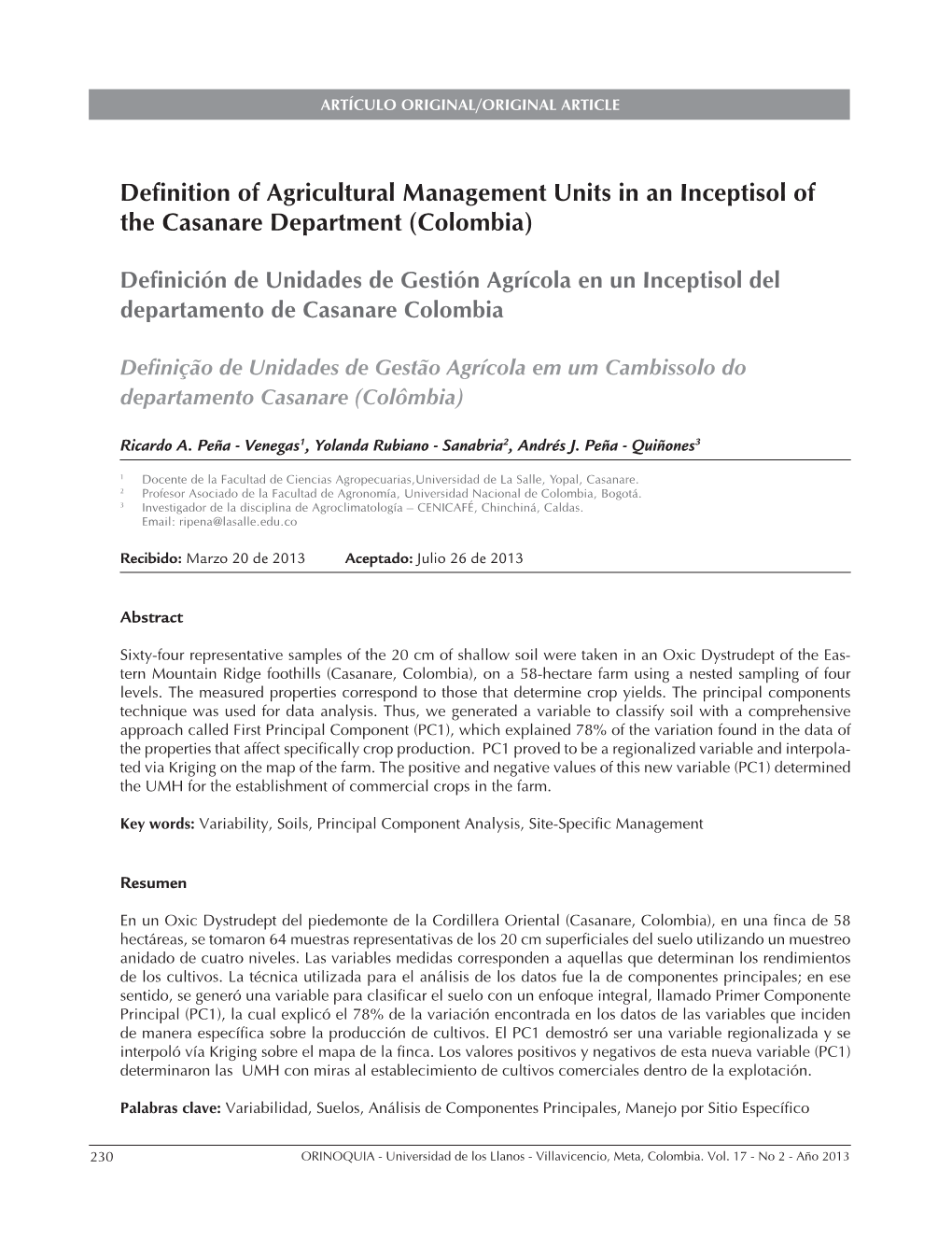 Definition of Agricultural Management Units in an Inceptisol of the Casanare Department (Colombia)