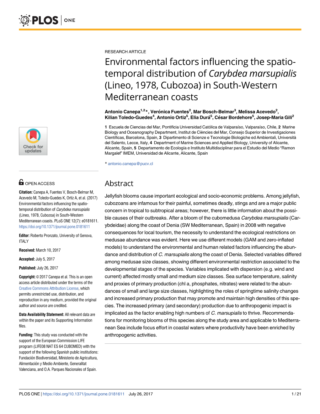 Carybdea Marsupialis (Lineo, 1978, Cubozoa) in South-Western Mediterranean Coasts