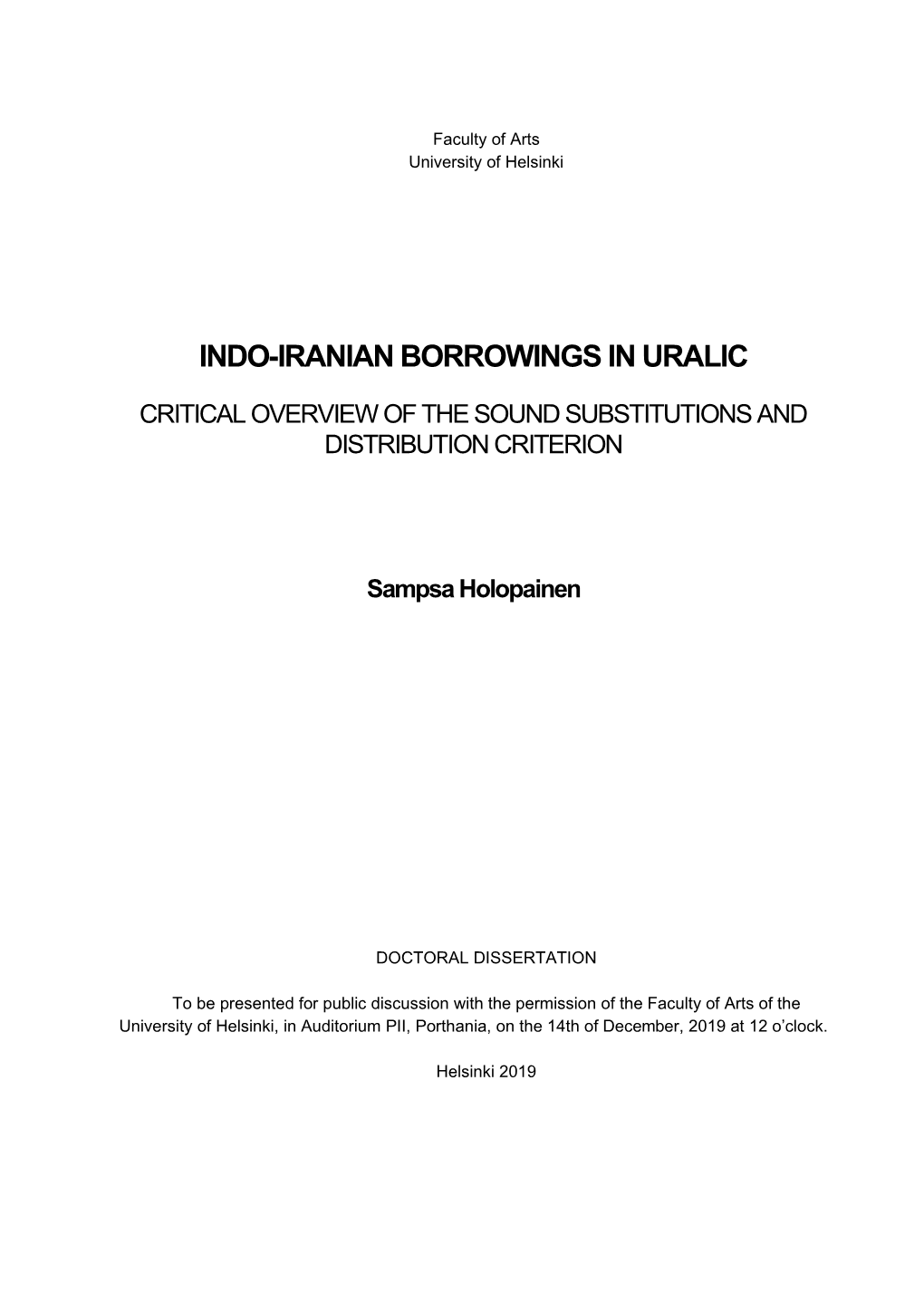 Indo-Iranian Borrowings in Uralic